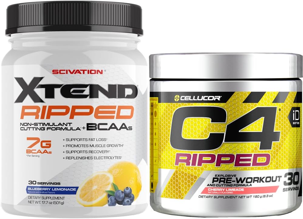 Cellucor C4 Zryty przed treningiem Proszek + spalanie tłuszczu, Limeade wiśniowy, 30 Słupki + Scivation Xtend Zryty BCAA Proszek, Lemoniada jagodowa, 30 Słupki