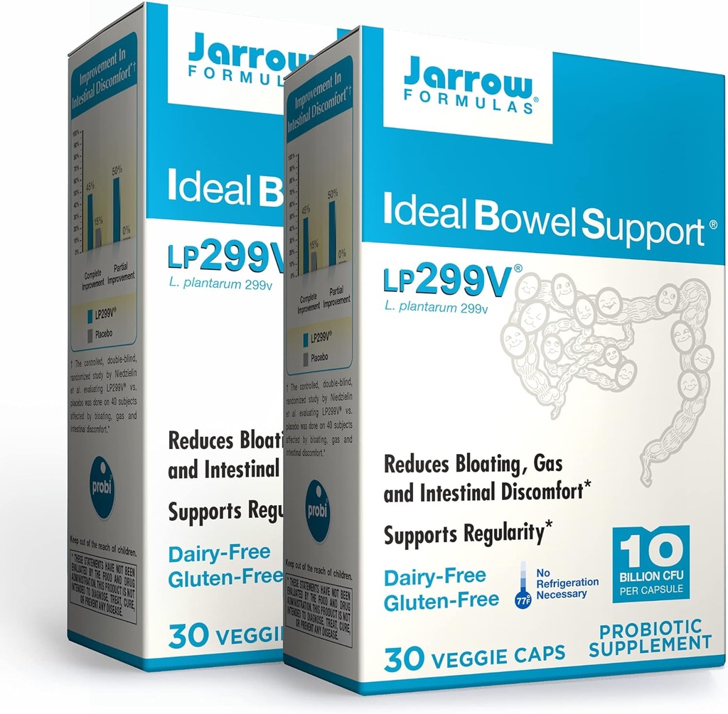 Jarrow Formulas Ideal Bowel Support - 10 Billion Organisms Per Serving - 30 Veggie Caps, Pack of 2 - Bowel Support - Reduces Bloating?, Gas & Intestinal Discomfort - Up to 60 Total Servings