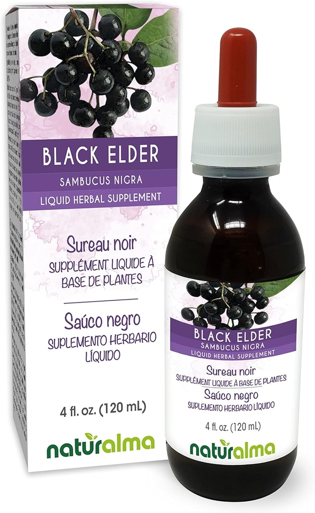 Naturalma Black Elder (Sambucus nigra) Kwiat (Elderflower) i Owoce (Elderberry) Bezalkoholowe nalewka - 4 fl Oz Liquid Extract in Drops - Suplement ziołowy - Wegan