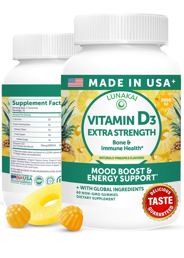 Lunakai USA Made Witamina D3 Gummies 2000 IU - Non-GMO, Gummies Witamina D wolna od glutenu dla kobiet i mężczyzn - kości, immunologiczne i wsparcie energetyczne, 60ct