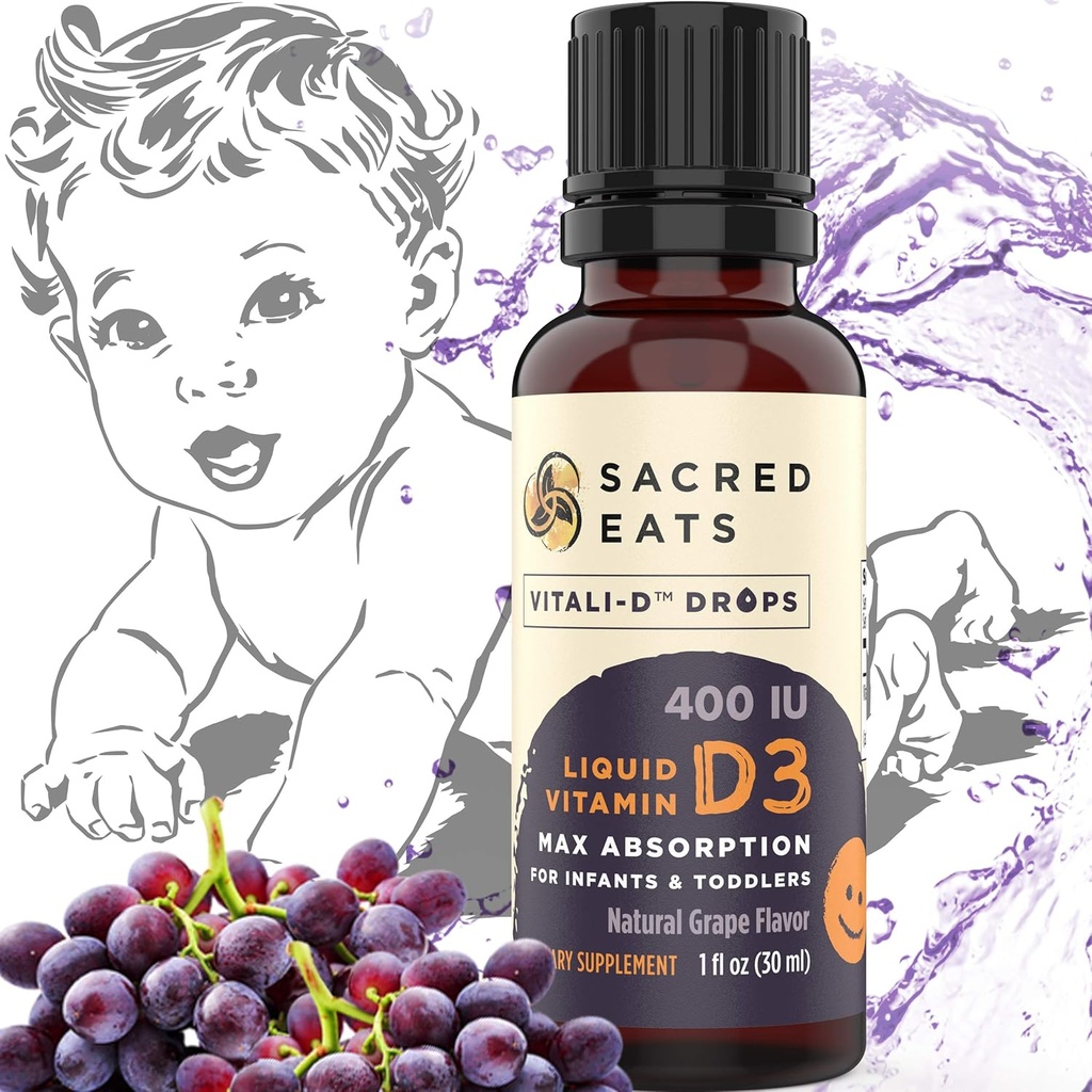 Witamina D Krople dla niemowląt - 400 j. m. na kroplę, Natural & Sugar Free w oleju MCT dla najlepszej absorpcji. 880 Sług. Łatwe do pobrania płynny suplement D3 dla dzieci i dzieci (winogrona)