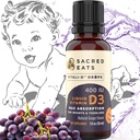 Witamina D Krople dla niemowląt - 400 j. m. na kroplę, Natural & Sugar Free w oleju MCT dla najlepszej absorpcji. 880 Sług. Łatwe do pobrania płynny suplement D3 dla dzieci i dzieci (winogrona)
