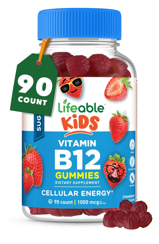 Żywotne dzieci bez cukru Witamina B12 Gummie Gummies 124; 1000 µg Gummea 124; Great Tasting B12 Witaminy dla dzieci 124; Energia, nastroje i wsparcie metabolizmu Gummee 124; B 12 Witamina Gummee dla chłopców i dziewcząt Gummee 124; 90 Gummei