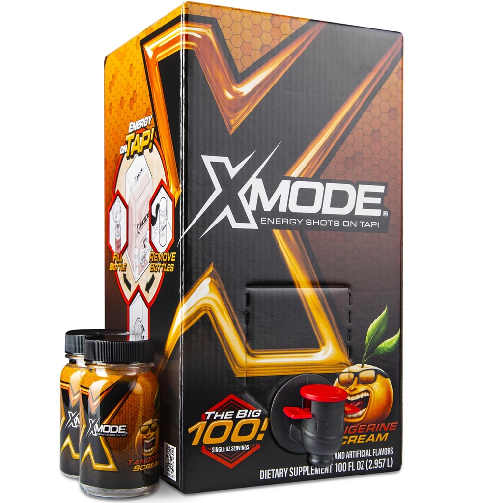 XMODE Extra Energy Shots na Tap - Tangerine Flavor, Cukier wolny, 150mg kofeina na oz, B12, 100 (1oz) Służenia, Rozpuszczalnik z 2 Butelki