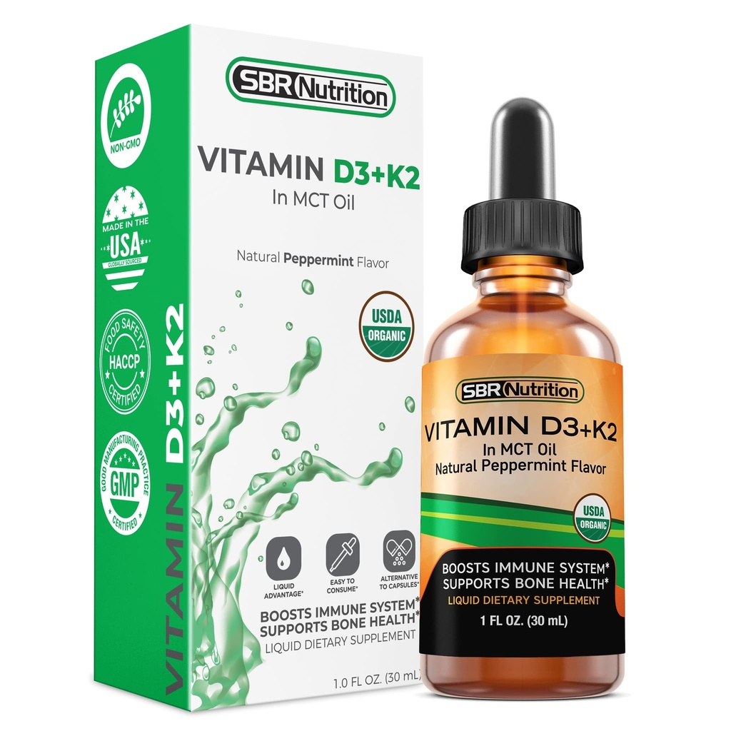 SBR Nutrition MAX Absorption, Vitamin D3 + K2 (MK-7) Liquid Drops with MCT Oil, Peppermint Flavor, Helps Support Strong Bones and Healthy Heart
