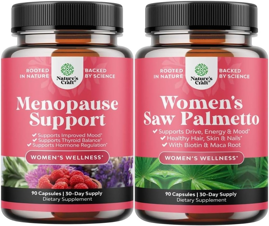 Zestaw suplementu menopauzy do gorących błysków z Dong Quai Vitex Chaste Berry & Black Cohosh & Extra Siła Saw Palmetto dla kobiet 500mg - DHT Blocker Supplement Hair Loss z Maca Root & Biotin