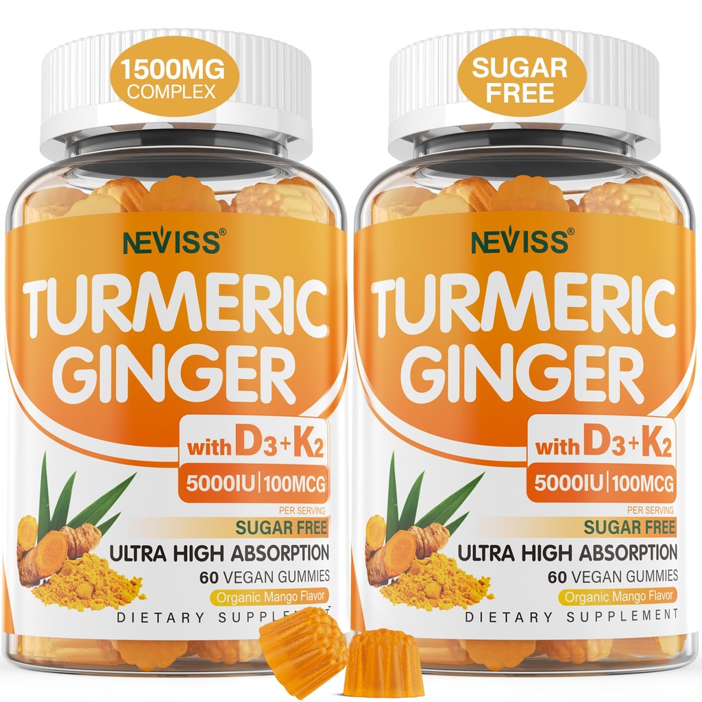 Bezcukrowe Gummeje z Gummejami z Ginger Turmeric 5000 IU Witamina D3 & K2 (MK7), C - Wegańskie Gummeje Turmerowe dla dorosłych 1500mg z Black Pepper, Wspiera Bone, Immune & Digestive Health - 120 Cts