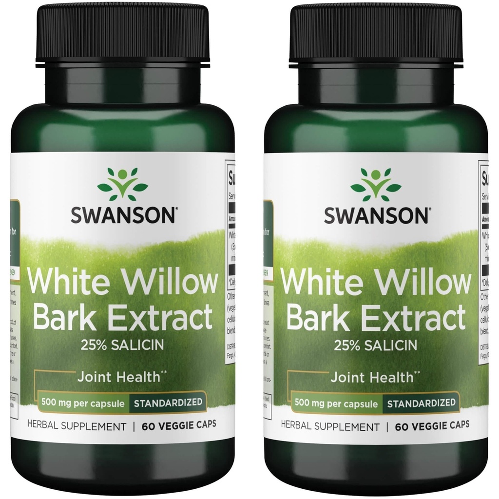 Swanson Maksymalna moc Biała Barka Willow Extract- Promotes Joint Support & Muscle Relief- Standaryzowane do 25% Salicin - Naturalny suplement bez podrażnienia żołądka (60 Veggie Caps, 500mg Each) 2 Pack