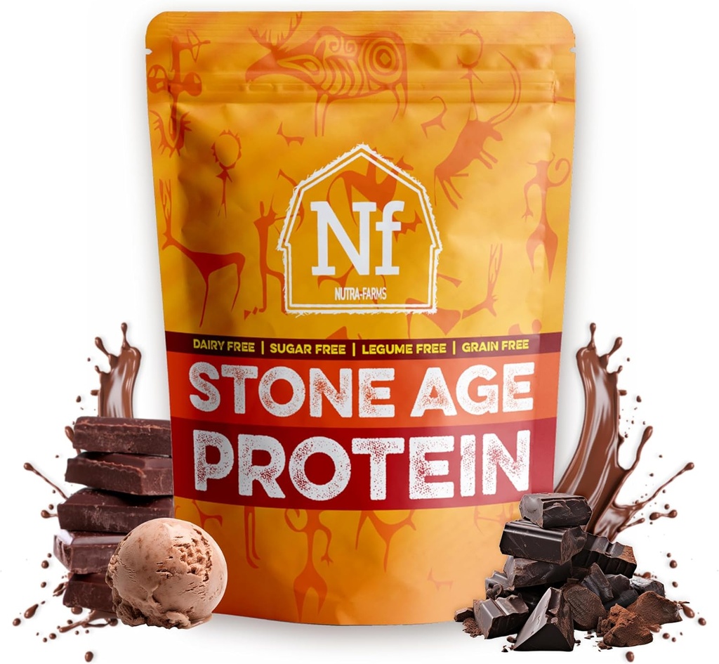 Nutra Farms Stone Age Białko białko 124; Białko białko białe bez glutenu proszek 124; Białko jaja proszek 124; Bezmleczne nabiałowe, Bezcukrowe & Przyjazne dla gut 124; Czekolada, 2 funtów
