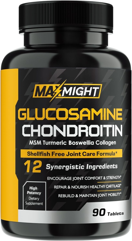 Glukozamina Chondroitin MSM Turmeric, Boswellia, 12- in-1, Joint Comfort, Mobilność, smarowanie i siła dla mężczyzn Kobiety & Senior, 90 Tab, No Shellfish