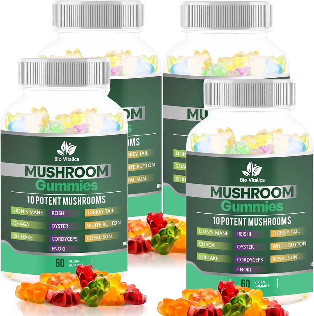 BIO VITALICA Gummies - 10 Gumki z grzybami z grzybami Lwa, Reishi, Chaga, Cordyceps & More - Gummeje Wegańskie owocowe - Non-GMO, Gluten- Free, Plant - 4 opakowania