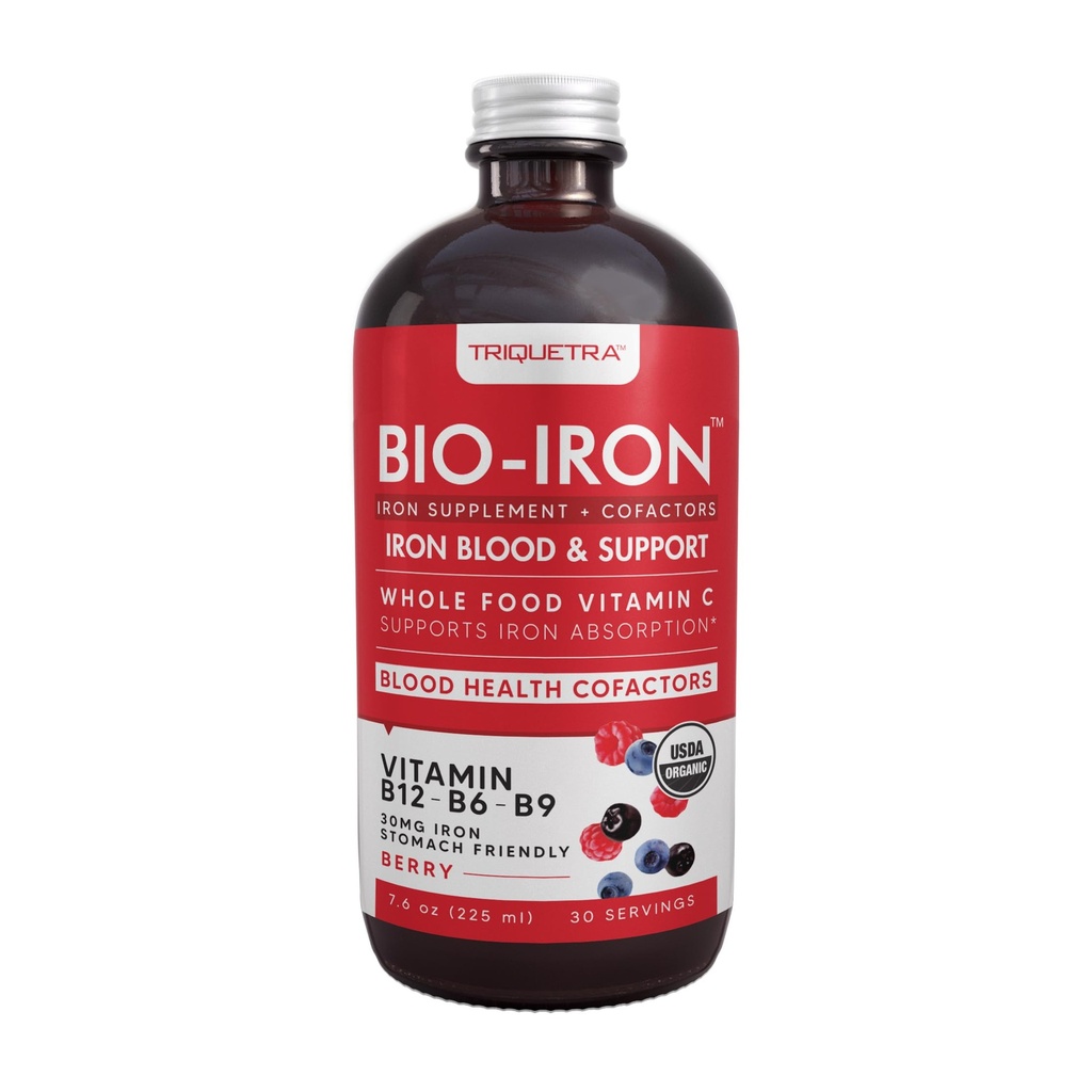 Płynny suplement żelaza ASTM 124; Organic Certified, Berry Flavor - Całość Witamina C Wchłanianie Boost & Blood Building B Witaminy - Metyl B12, L- Metylofolan & B6 - Wspiera zdrowe poziomy żelaza - 7.6 oz