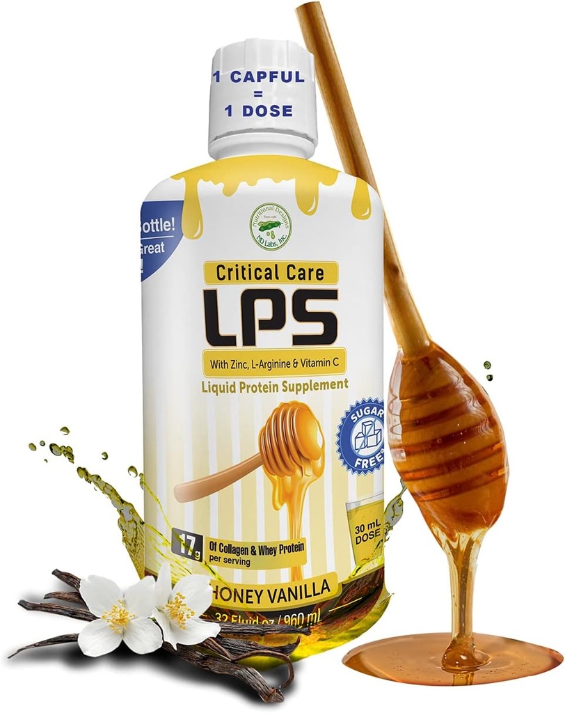 Nutritional Designs LPS Liquid Collagen & suplement białka serwatki, Sugar-Free, Napoje niezawierające GMO, Promotes Healthy Skin & Hair for Men & Women. (Opieka krytyczna) Honey Vanilla