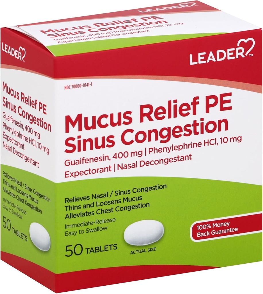 Lider Mucus Relief PE Zatory zatokowe, Expectorant; Dekongestant nosa, Cienkie i luźne Mucus, Natychmiastowe uwolnienie, Łagodzi Zatory w klatce piersiowej, 50 Tabletki