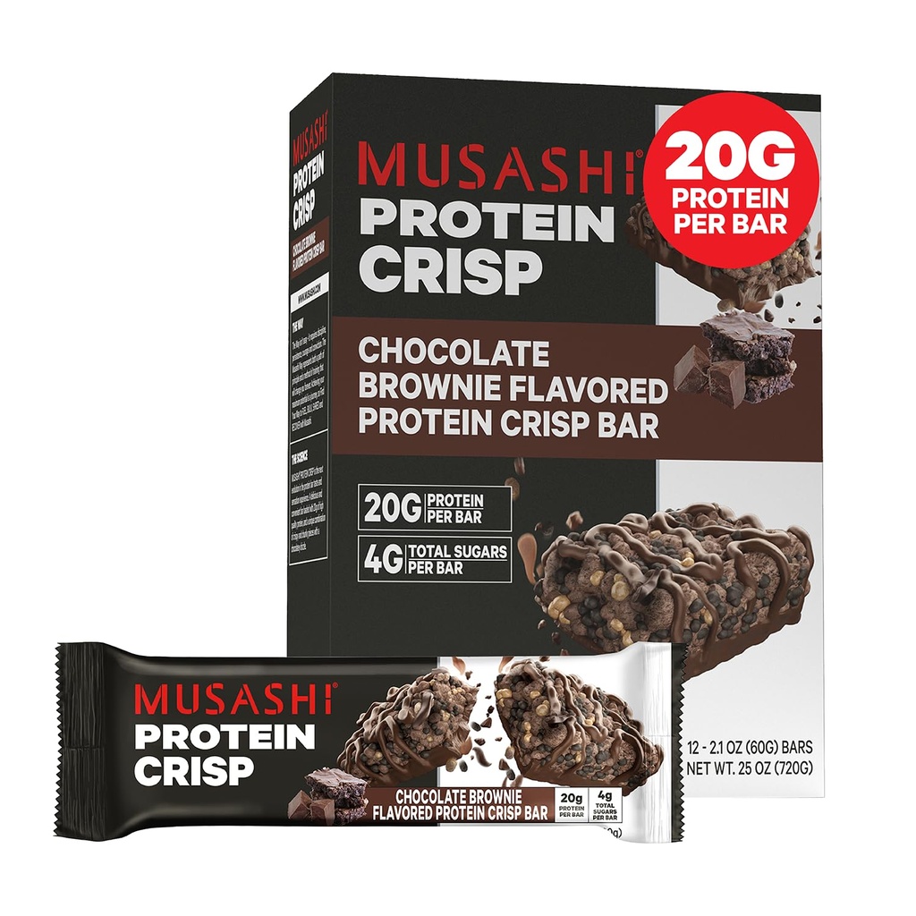 Musashi Protein Crisp Bar, 20 g Protein, 4g Total Cugars, Czekoladowe Brownie, Post Trening i przekąski On The Go, 12 Pack of 2.1oz (60g) Bary