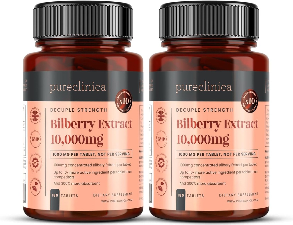 precilinica Bilberry Extract 10,000mg x 360 tabletek (2 butelki) - 10 x Więcej antocyjanidów na tabletkę niż większość innych - i 5 mg Black Pepper Extract na 300% Zwiększona absorpcja