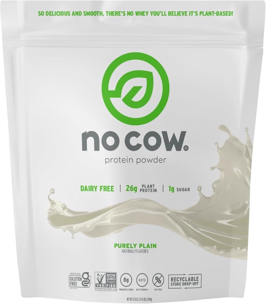 No Cow Vegan Protein Powder, ProszÄ Å ¼ ywo, 26 g Białko na bazie roślin, Recykling Bag, Wolny od mleka, Soi Wolny, Nie dodano cukru, Keto Friendly, Gluten Wolny, Naturalnie Sweetened, Nie GMO, Kosher, 1.74 Funt