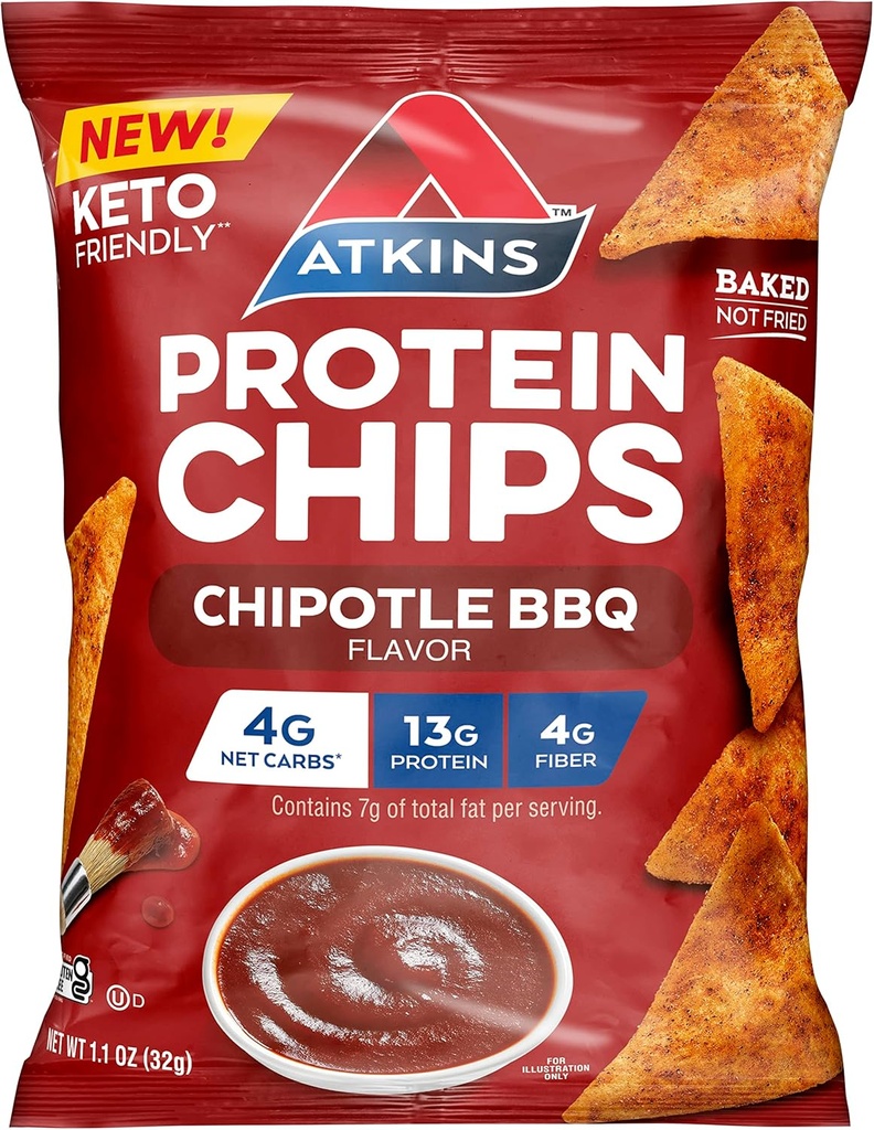 Atkins Chipotle BBQ Chips Protein, 4g Net Carbs, 13g Protein, Gluten Free, Niska glikemia, Keto Friendly, 12 Hrabia
