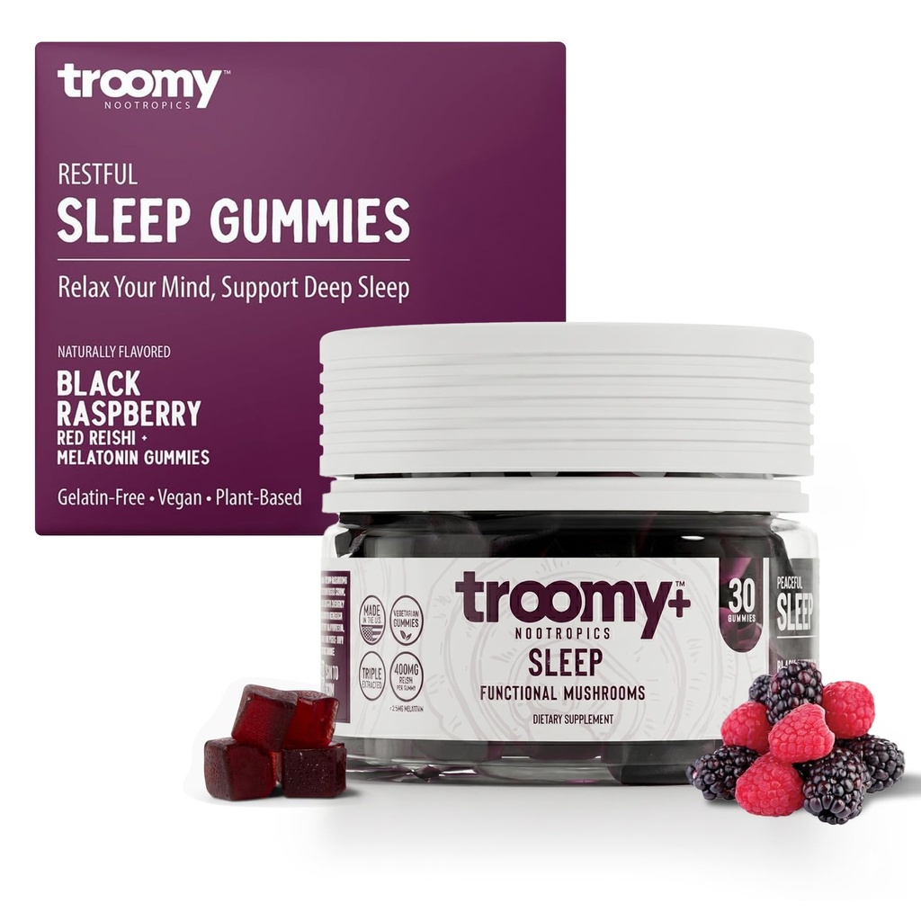 Troomy Sleep Reishi + Melatonina Wielki Degustacja Gummies Grzyb - Obsługuje Restful Sleep - Czarny Malina - 30 Hrabia