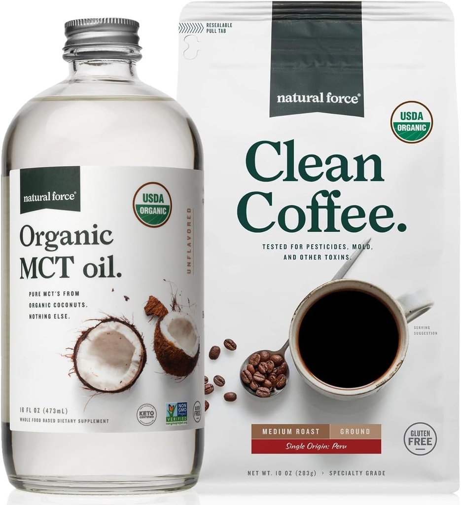 Natural Force Organic Ground Clean Coffee + Organic MCT Oil Bundle - 100% Czysty MCTs Kokosowy & Mold & Mycotoxin Darmowa kawa - Non-GMO, Keto, Paleo i Wegan - 10 Oz Bag i 16 Oz Butelka szklana