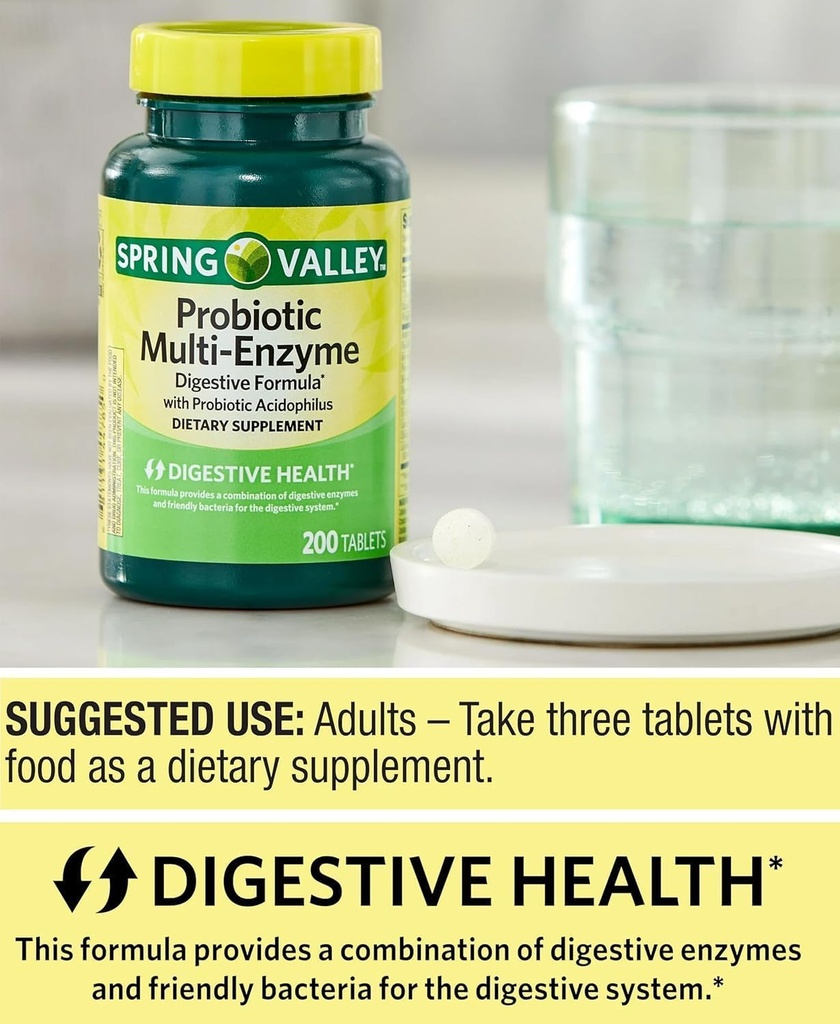 Suplement Probiotyczny z Enzymami Digestive dla mężczyzn i kobiet, 200 tabletek - Zawiera Acidophilus, i Prebiotyki dla Gut Zdrowie i Wsparcie pokarmowe 124; Probiotyki Spring Valley Multi- Enzyme