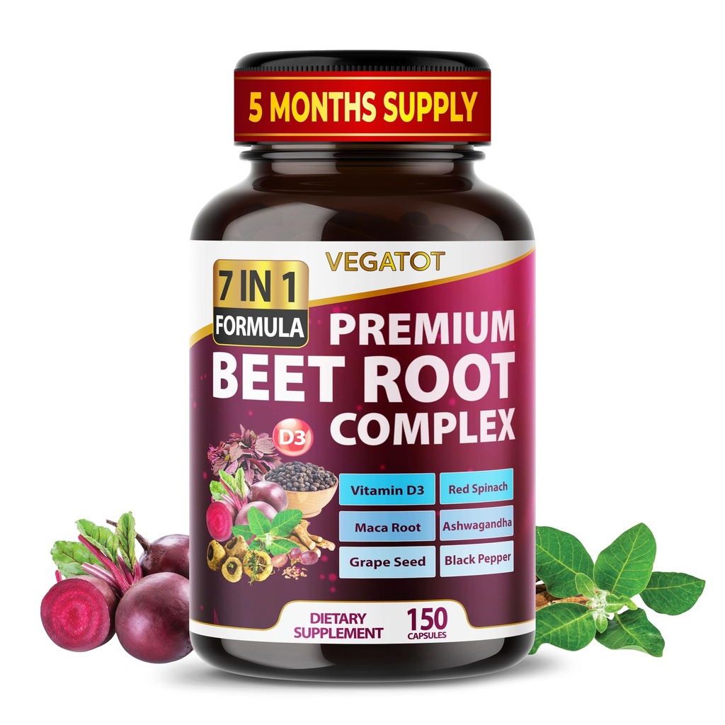 VEGATOT Beet Root * USA Made and Tested * Concentrated with Ginseng Maca Root Ashwagandha - Energy Stamina Immune Support (150 Count (Pack of 1))