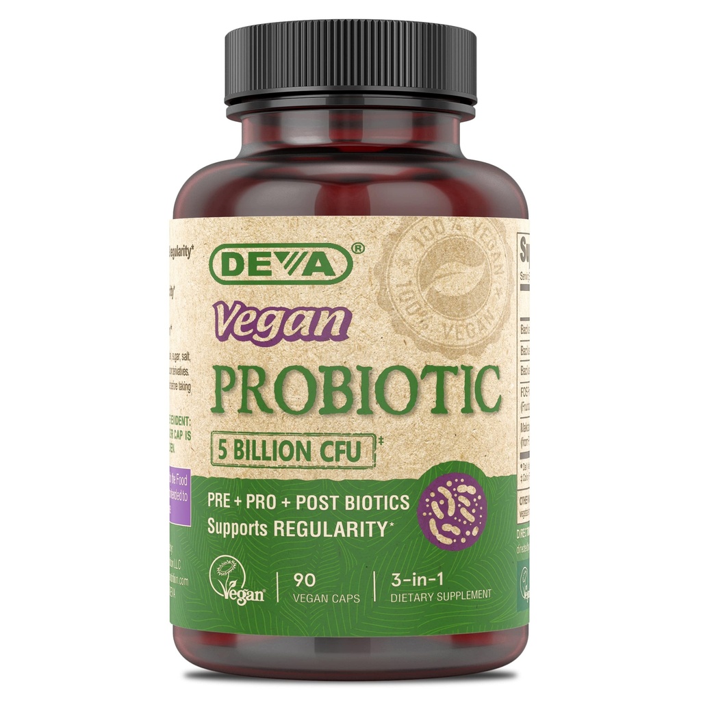 DEVA Vegan Probiotic Supplement - Pre, Pro, and Postbiotics for Digestive Health, 5 Billion CFU, Soil- based, Spore- Forming, Dairy Free, FOS Prebiotics, for Women and Men, Vegan Capsules, 90 Count