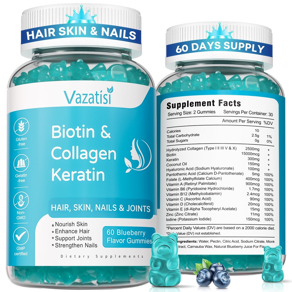 2 Pack Biotin Gummies z Collagen & Keratin do paznokci skóry włosów- Kobiety Mężczyźni, Dzieci - 120 Blueberry Flavored Gummies