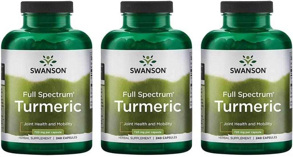 Swanson Full Spectrum Turmeric (Curcumin) - Joint Health, Trawienie, Heart Health & Liver Supplement - Curcuma Longa Formula Promowanie Wspomagania Pamięci - (240 kapsułki) 3 Pack