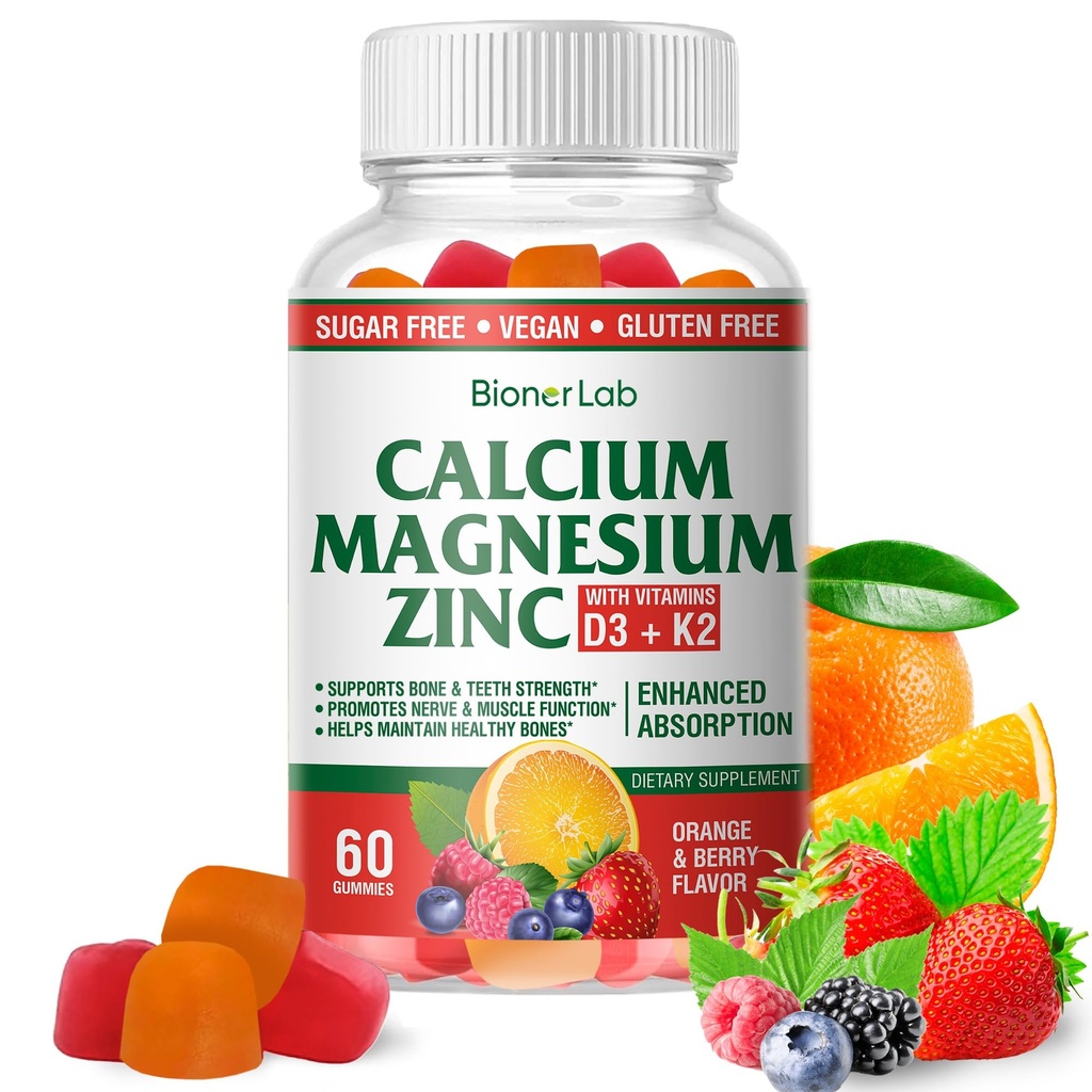 BionerLab Magnezu wapnia Gummeje cynku z witaminą D3 & K2 - Wysoka potencja Zwiększona absorpcja - Pomarańcza i Berry Flavored