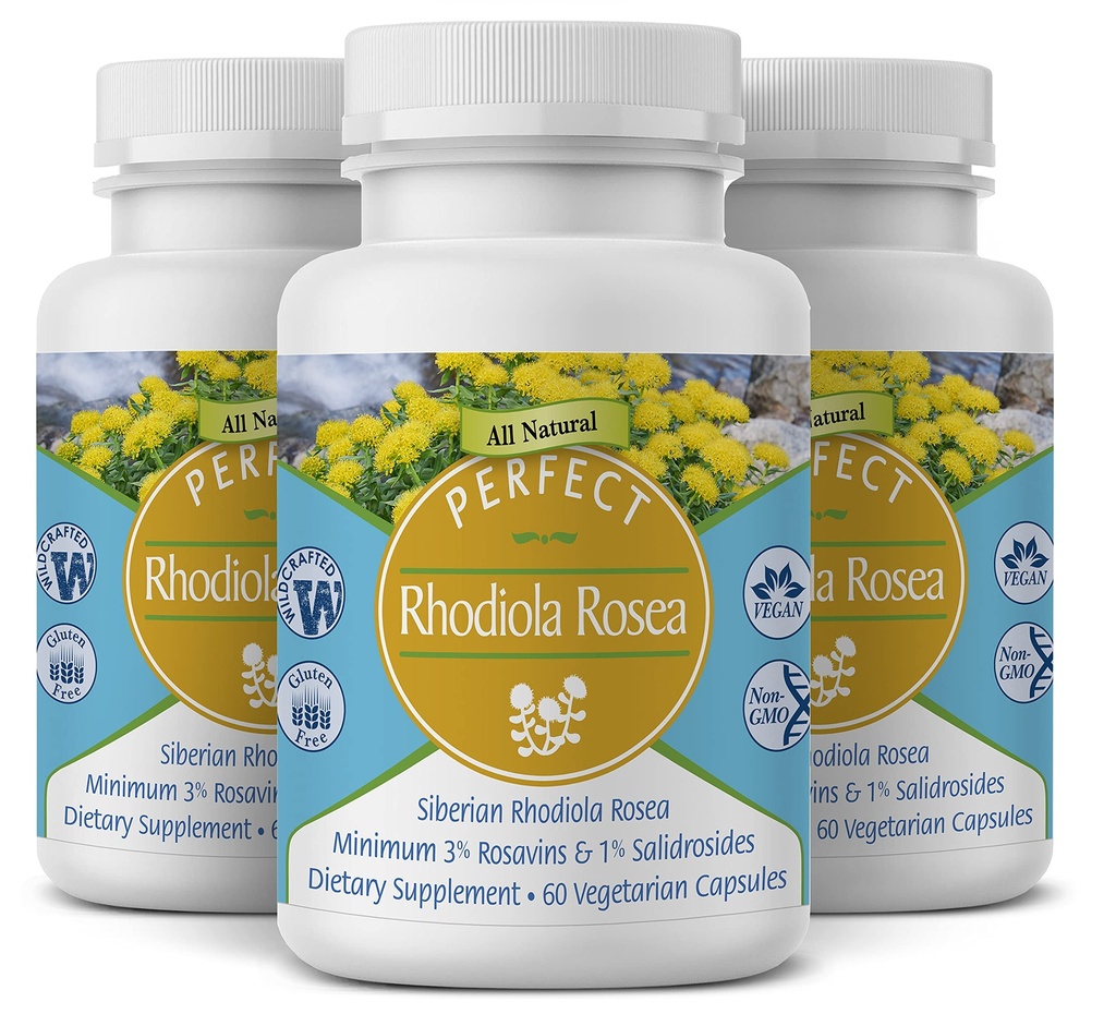 Perfect Supplements - Perfect Rhodiola Rosea - 60 Kapsułek - Natural Adaptogen Supplement - Zwiększa energię - Lepsze ognisko - 3 Pack