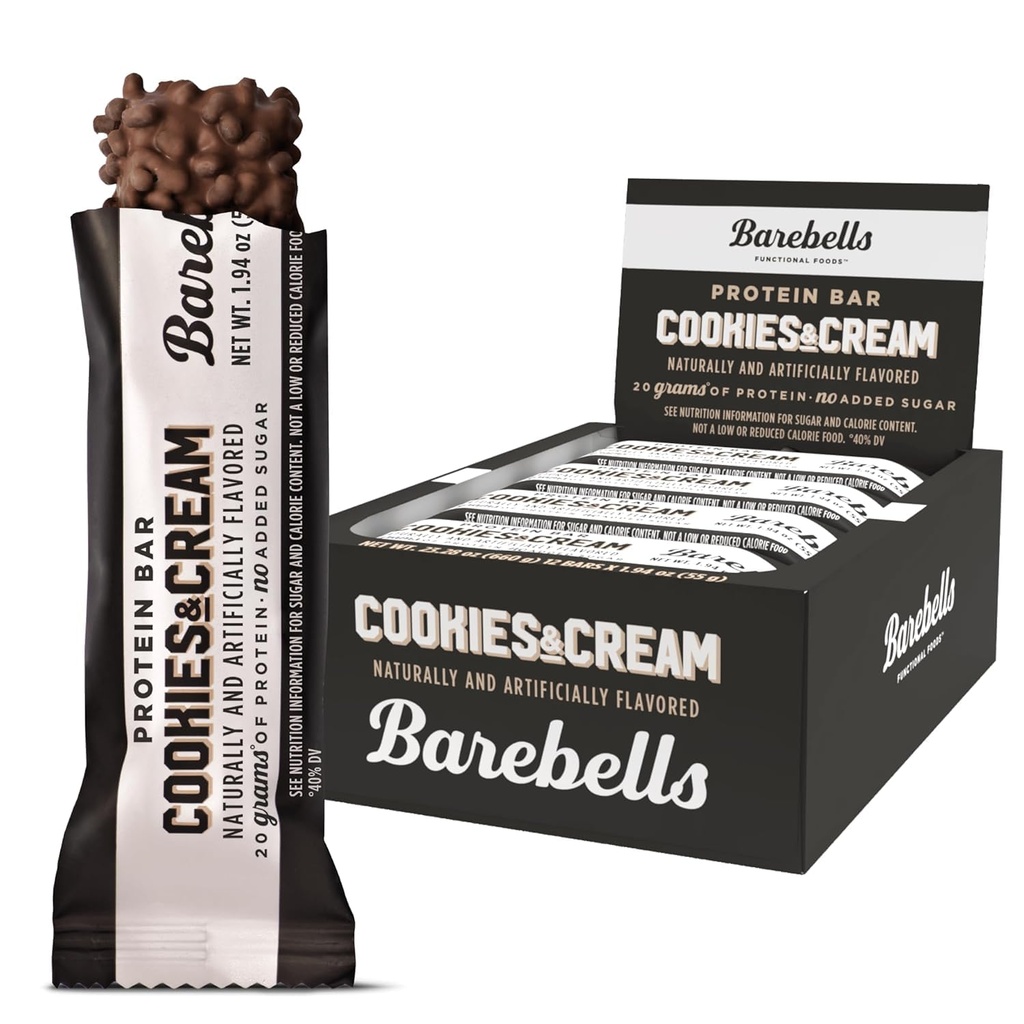 Barebells Bary z białkami Cookies & Cream - 12 Count, 20g Wysokie zabiegi proteinowe - Czekoladowy pasek odżywczy z 1 g Sugar ogółem - on- The- Śniadanie lub Post- Workout przekąski