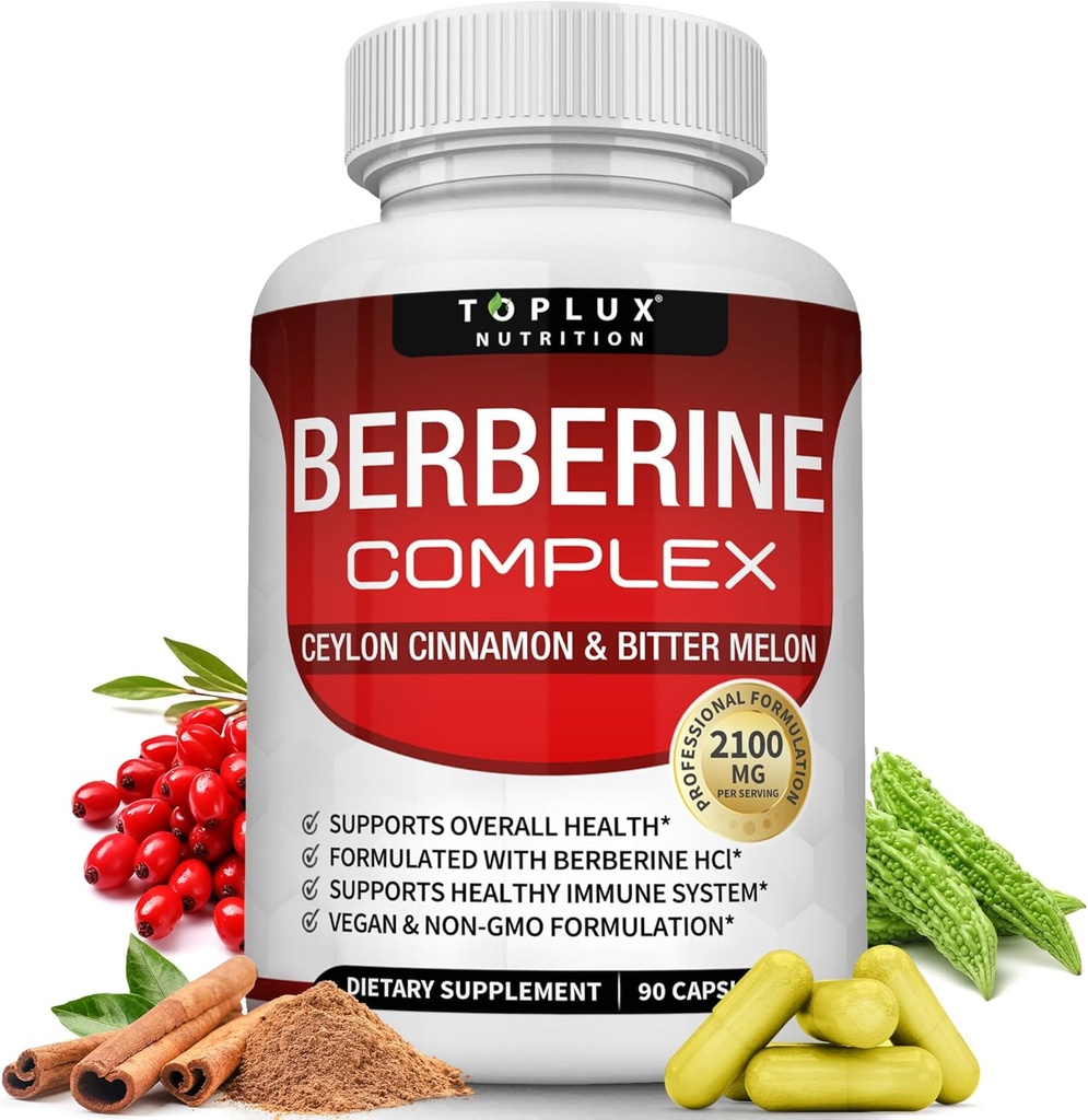 Toplux Berberine z Ceylon Cynamon i Bitter Melon 2100mg - Wysoka czystość 97% HCL Berberine Suplement, Wspiera ogólne zdrowie i system immunologiczny, Non-GMO Vegan 90 Kapsułki
