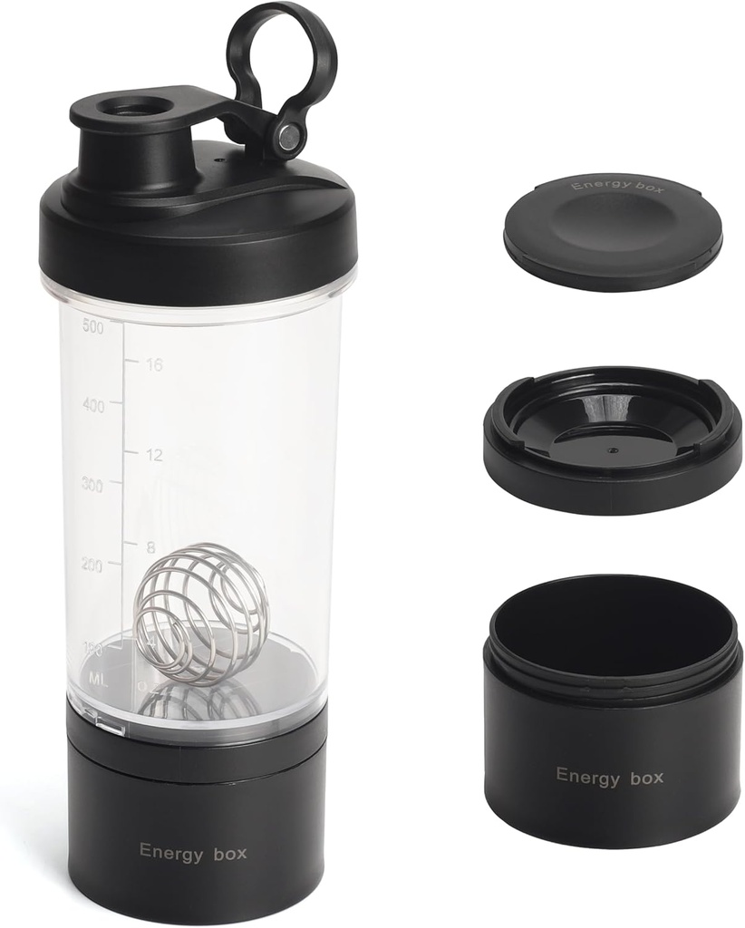 Blender Shaker Protein Tritan Butelka Tritan z pojemnikiem na tabletki / proszek do przechowywania dla białka Butelka-przedtreningowa - Mikser Cup- Gym Sport Butelka wodna z drutu whisky kulki czarny