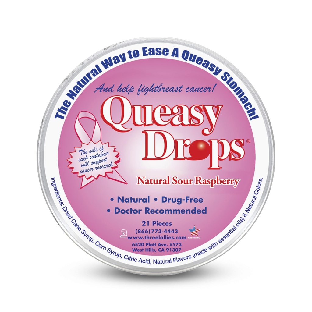 Trzy Lollies Quleass Drops - Sour Raspberry Flavor - Relief choroby podróży & Nudności, Soothes stomach & suche usta, naturalne składniki - 21