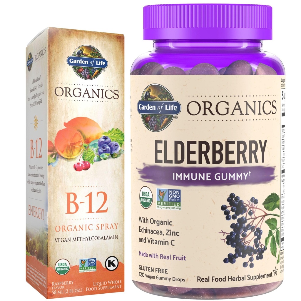 Ogród Organik Życia Elderberry immunologiczne gumki, 120 Hrabia & B12 Witamina Malina Spray, 500mcg, 2oz