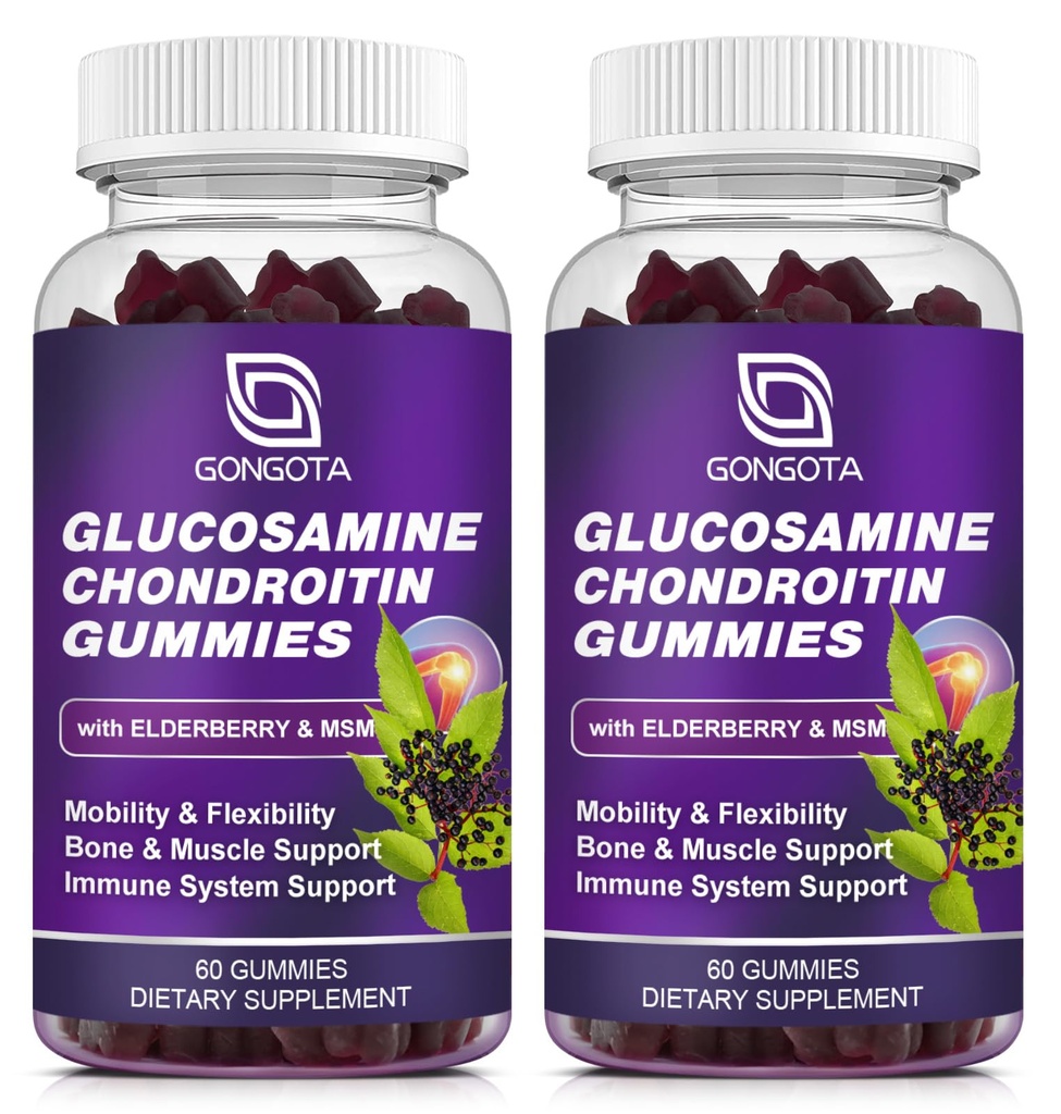 Glukozamina Gummie Chondroitin - 2- Pack, Dodatkowa siła 1500mg Glukozamina z MSM & Elderberry, Elastyczność Wsparcie, Najlepsza chrząstka i suplement immunologiczny dla mężczyzn i kobiet - 120
