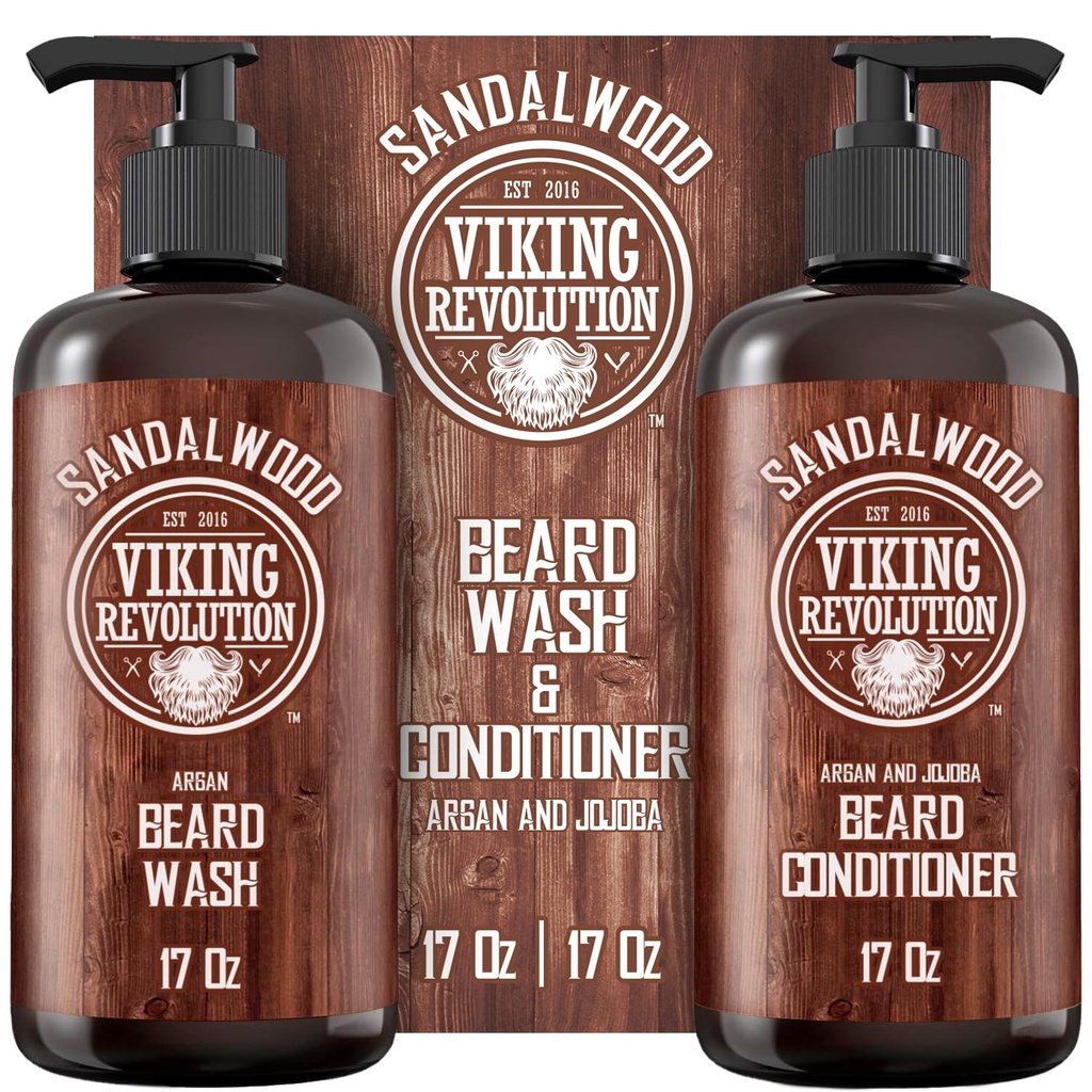 Viking Revolution Beard Wash & Beard Conditioner Set with Argan & Jojoba Oils - Zmiękcza i wzmacnia - Natural Sandalwood Scent - Beard Shampoo with Beard Oil (17 oz)