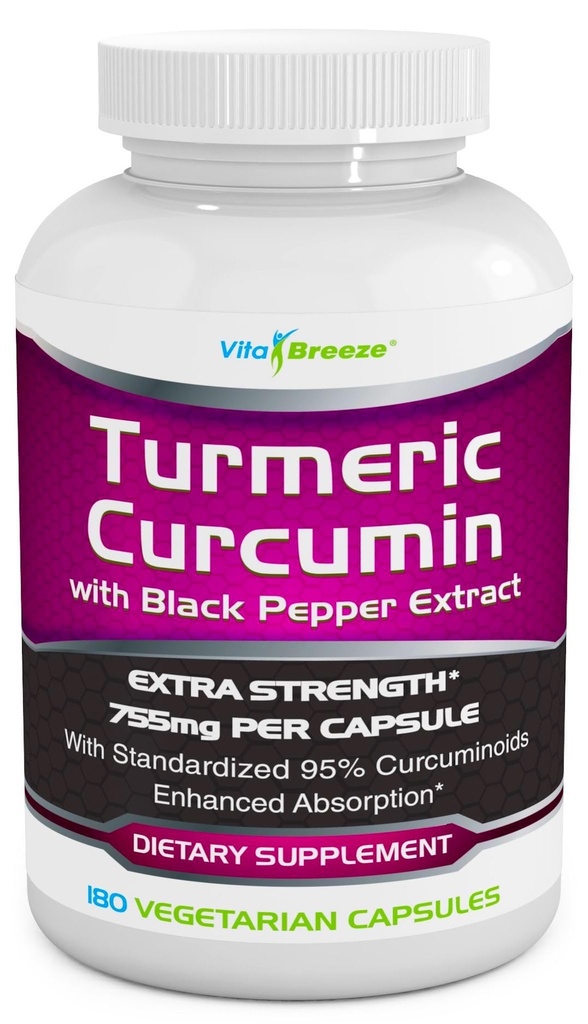 Kurkumina kurkumina kurkumina z ekstraktem Black Pepper - 755mg na kapsułkę, 180 Veg. Czapki - Zawiera piperynę (dla Superior Absorption and Tumeric Bio- Availability) i 95% Znormalizowanych kurkuminoidów