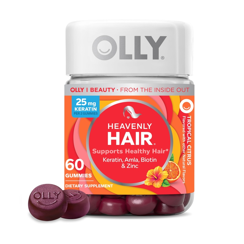 OLLY Heaven Hair Gummy, Wspiera zdrowe włosy, Keratyna, Biotin, AMLA, suplement do żucia, 30 Day Supply - 60 Count