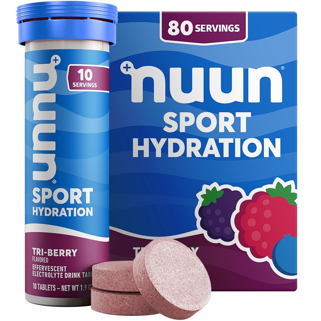 Nuun Sport Electrolyte Tablets z Magnezu, Wapń, Potas, Chlorek i Sód, Gluten Free & Wegan, Tri- Berry, 8 Pack (80 Służenie ogółem)