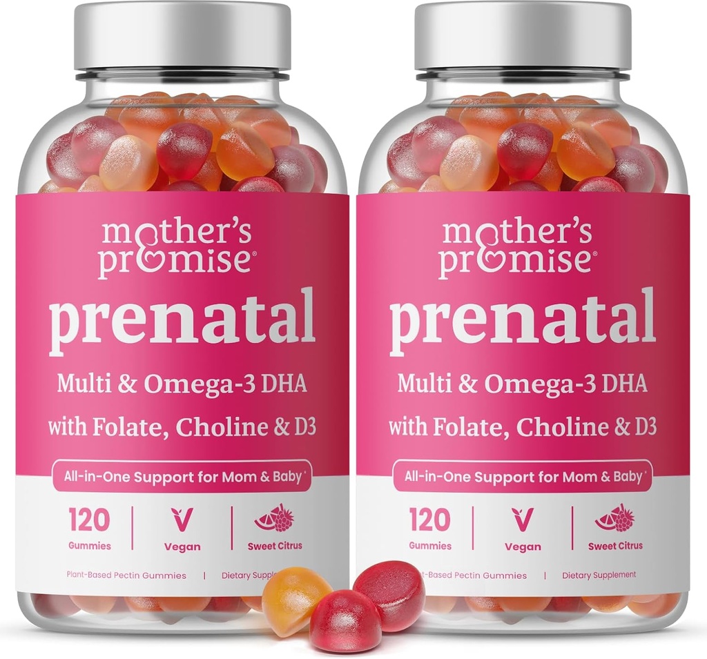 Witaminy prenatalne z DHA BEZ 124; Witaminy prenatalne dla kobiet z Omega 3, Folate, Cholina & D3, Witaminy ciążowe na rozwój płodu 124; Suplement Gummy Multivitamin, 120 Count (2- Pack)