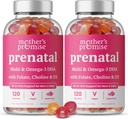Witaminy prenatalne z DHA BEZ 124; Witaminy prenatalne dla kobiet z Omega 3, Folate, Cholina & D3, Witaminy ciążowe na rozwój płodu 124; Suplement Gummy Multivitamin, 120 Count (2- Pack)