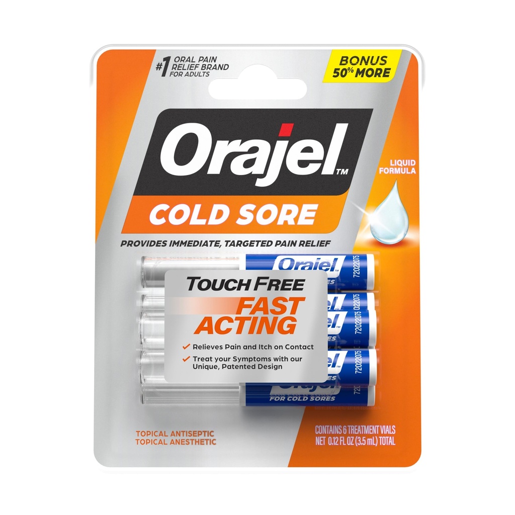 Orajel Touch Free Cold Sore Treatment .12oz, Liquid Formula, Zapewnia natychmiastową i celową ulgę bólową, Bonus Size, 6 Wnioskodawców.