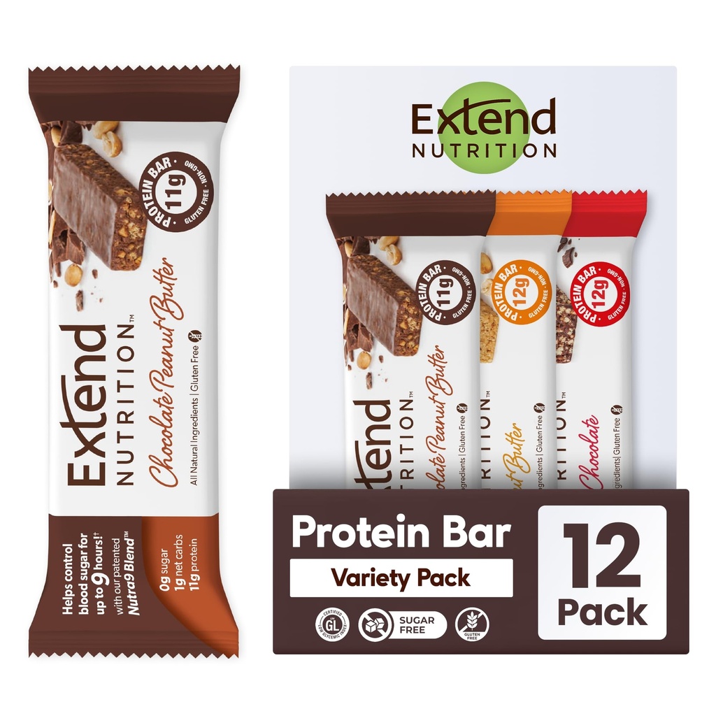 Przedłużenie bez cukru Bary białka, Idealne przekąski cukrzycowe, Wysokie Białko i włókno, Kontrola głodu & Stabilna energia, Niskie węglowodany, Keto Friendly (12 Count, Pack Variety)