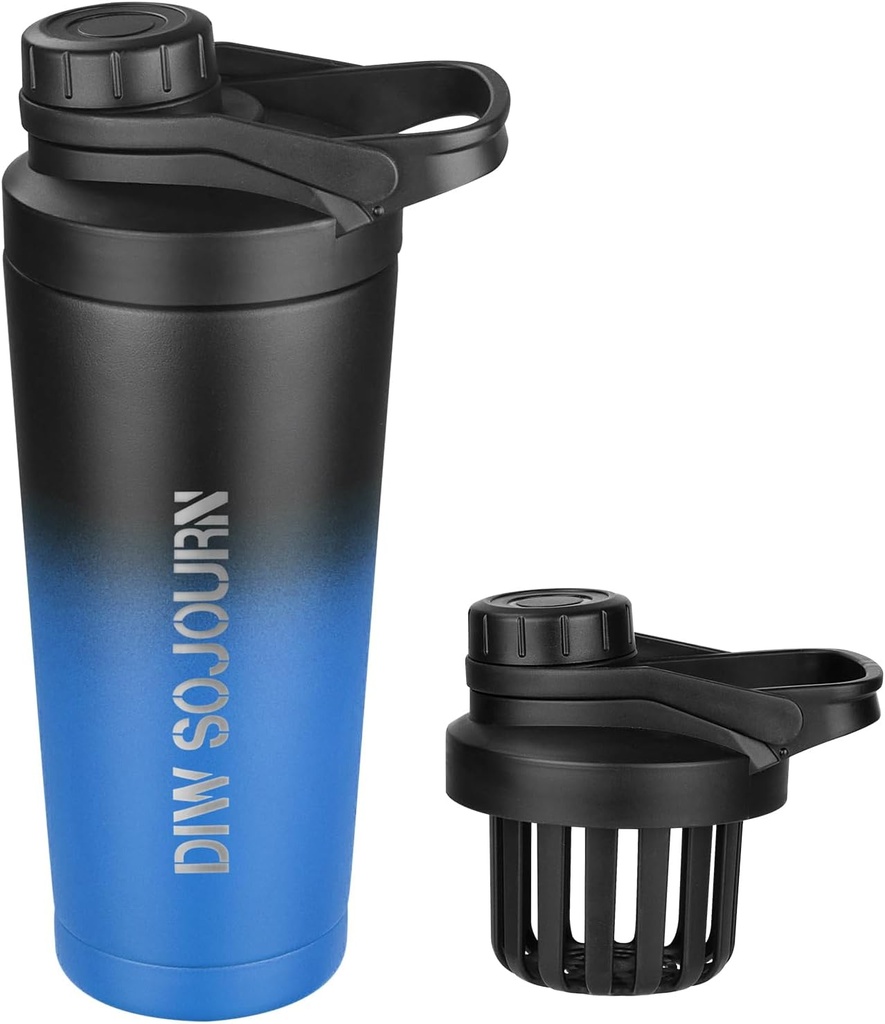 DIW 24 Oz Shaker Butelka, Stal nierdzewna Mix Butelka z Noise- Free Design, Izolated Metal Shaker Cup for Protein Mix and Pre Workout, Gym Cup Shaker (Black & Blue)