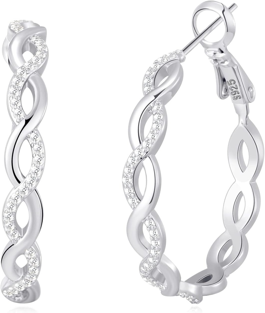 Senteria 925 Sterling Srebrne kolczyki Koszyki dla kobiet Lekkie Twisted Hoop Kolczyki z kostki cyrkonii Hipoalergiczne kolczyki (20 / 30 / 40 / 50 / 60MM)