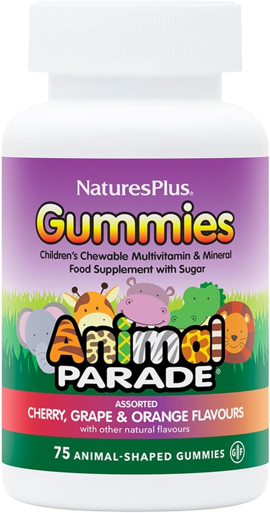 NaturesPlus Animal Parade Source of Life Gummies - Natural Orange, Grape and Cherry Flavors - 75 Animal Shaped Gummies - Whole Food Kid 's Multivitamine - Gluten- Free - 37 Servings