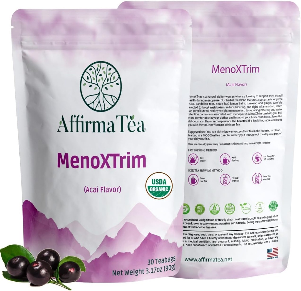 MenoXTrim Organic Menopauza Relief: Hormon Balance Bilans 124; Bloating Bilans 124; Hot Flashes Bilans 124; Excess Water Bilans 124; Midlife Belly Belly Bilans 124; Yerba Mate, Dandelion, Nettle Leaf, Lemon Balm, Turmeric, Ginger Flavor.