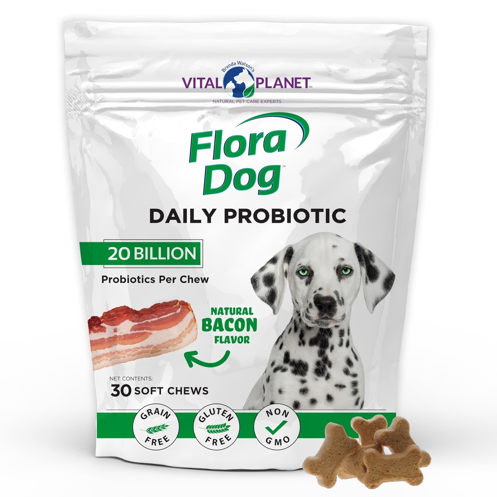 Vital Planet - Probiotyki psa Flora, Dog Chews Supplement z 20 Miliard Kultur i 11 Szczeliny, Immune i Digestive Support Chewable Probiotyki dla psów, 30 Natural Bacon Flavored Soft Chews